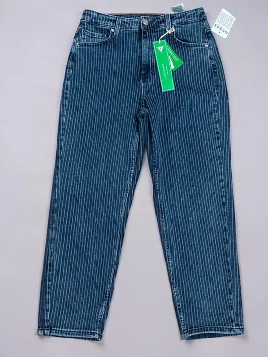 NWT GUESS Lena High-Rise Mom Jeans Blue Pinstripe - Super Stretchy! Size 28