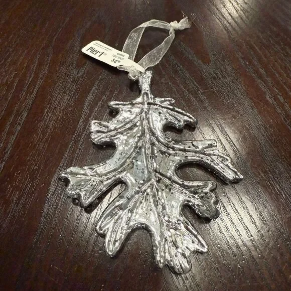 Pier 1 Vintage Silver Oak Leaf Glass Ornament