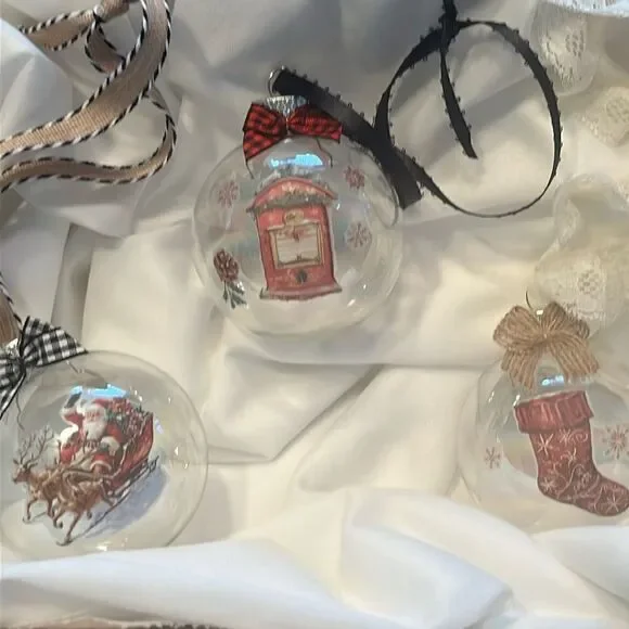 Upcycled Clear Glass Ornaments 3 Different Christmas Balls stocking, sleigh, hut