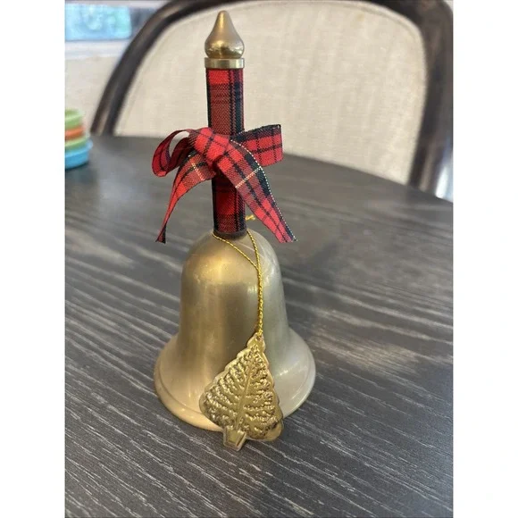 Brass Bell w/Red And Green Plaid Ribbon Wrapped Handle