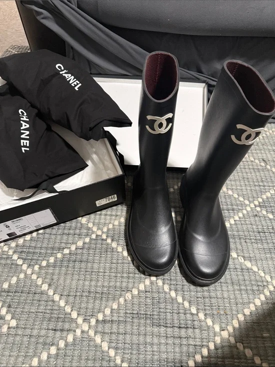 CHANEL Black Logo Knee-High Leather Boots