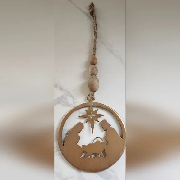 Gold Tone‎ Rustic Metallic Nativity Ornament With Jute And Wood Beads New