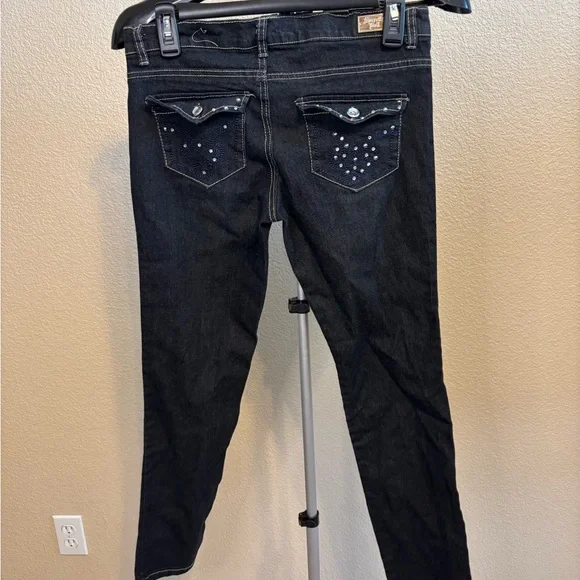 Y2K Secretly Evil Dark Wash‎ Skinny Jeans Rhinestone Flap Pockets Size 9