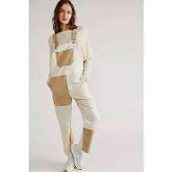 Blue Blush Patchwork Denim Overalls Neutral Colorblock Frayed Edge Womens Medium