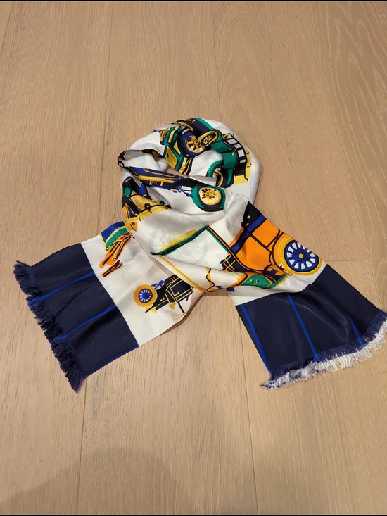 Silk-Feel Printed Car Motif Scarf - Navy, White, Gold