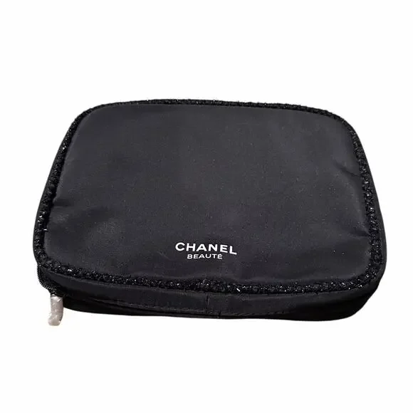 CHANEL Black Logo Zip Makeup Pouch with Trim