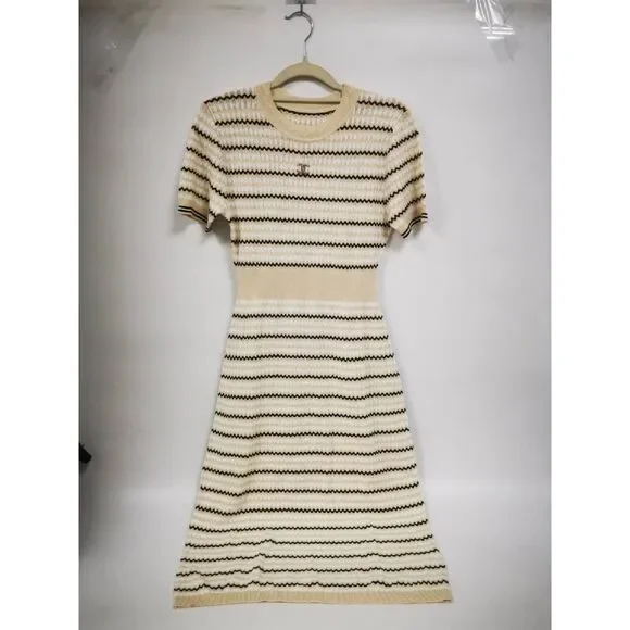 Pre-owned CHANEL Women's Striped Knit Dress Slim Mid-Length T-Shirt Dress