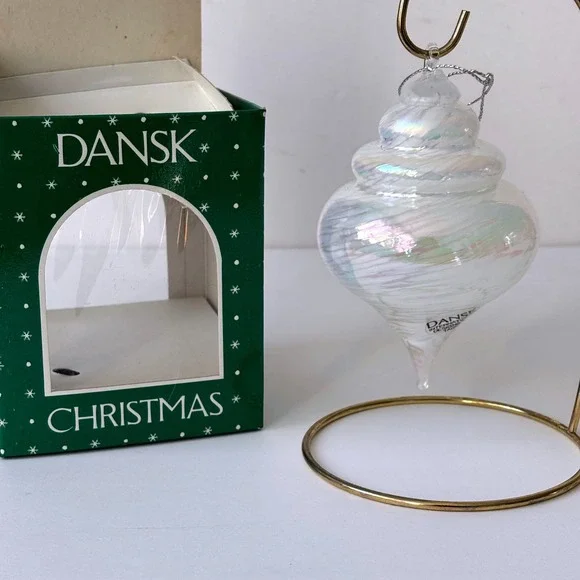 Vintage Dansk Glass Shell Christmas Ornament Iridescent Swirl White‎ Coastal