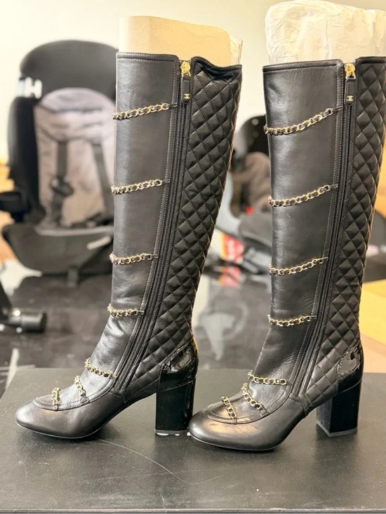 CHANEL Black Quilted Knee-High Chain-Trim Boots