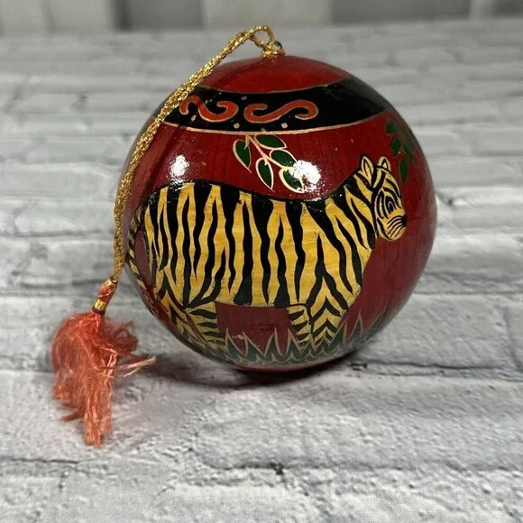Paper Mache Hand Painted African Tiger Theme Christmas Tree Vintage Ornament