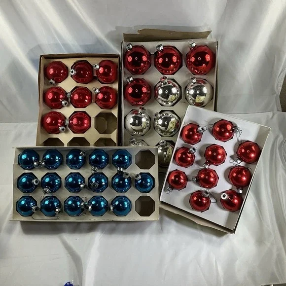 Lot of 47 Vintage Christmas Glass Ball Ornaments, Red, Blue, Sliver