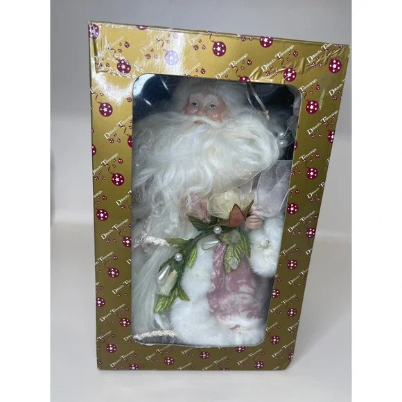 Vintage Dillard's Trimmings Pink Santa‎ Figurine w/ Box Shabby Chic Toile