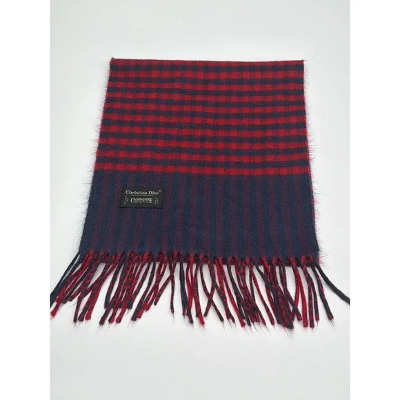 Christian Dior Scarf Mens Red Navy Blue Checkered Cashmaire‎ Acrylic Japan