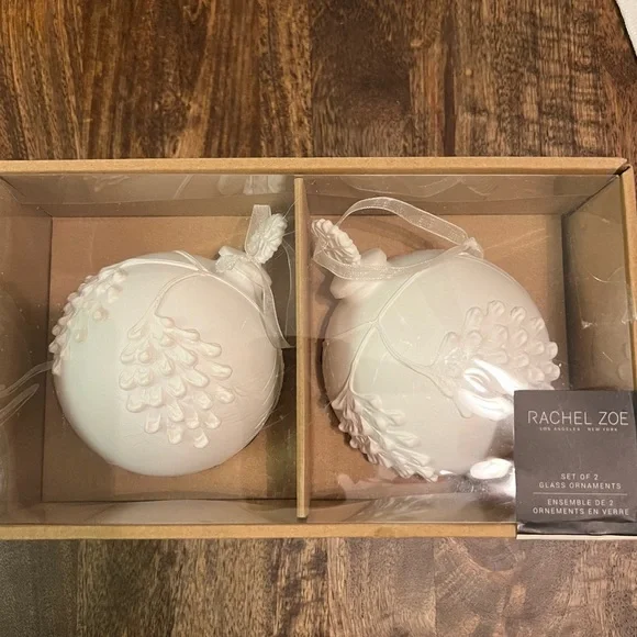Rachel Zoe Set of 2 Textured Pinecone White Glass Ball 5”Christmas Ornaments NEW