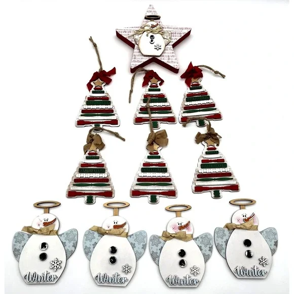 Lot of 11 Wooden Christmas Ornaments Tree Snowman Star Rustic Farmhouse Decor