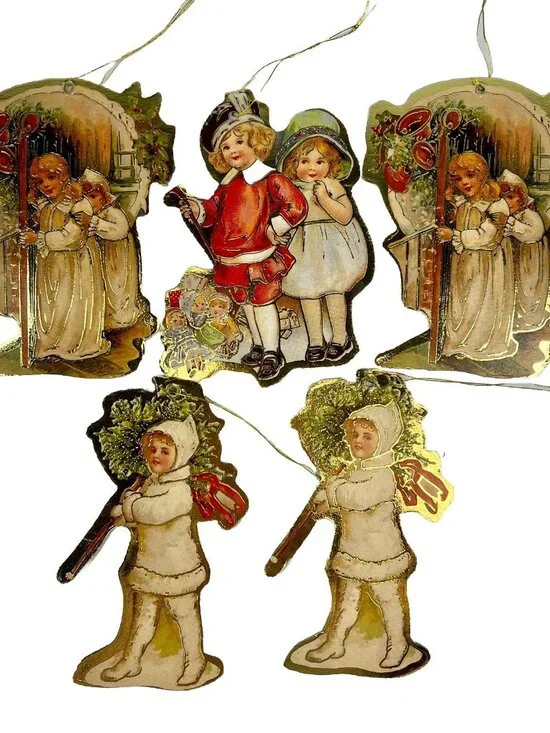 Vintage Christmas Ornaments Die Cut Cardboard Victorian Children Lot of 5