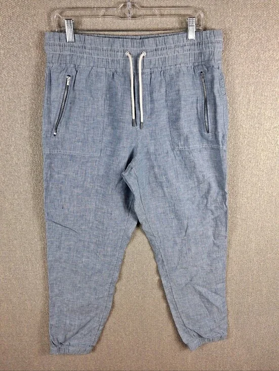 ATHLETA Cabo Linen Jogger Pants Size 14 Chambray Blue Coastal Beachy Resortwear