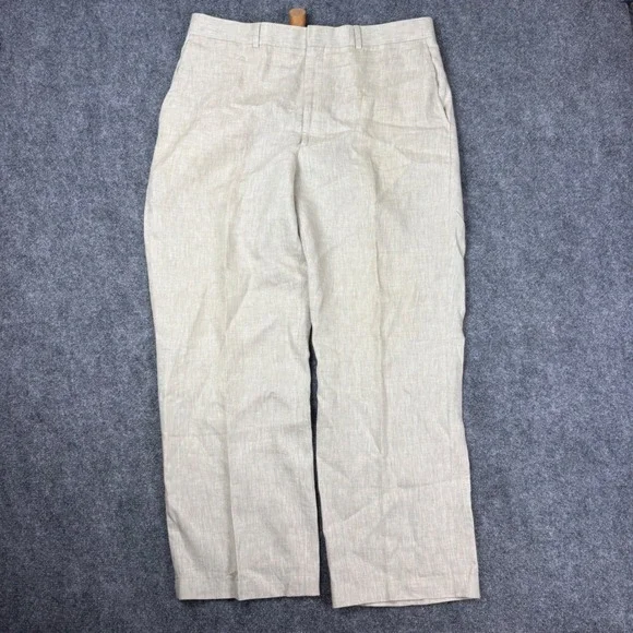 Haspel Mens 36R Oatmeal Beige 100% Linen Oxford Plain Front Trousers Pants 36x29