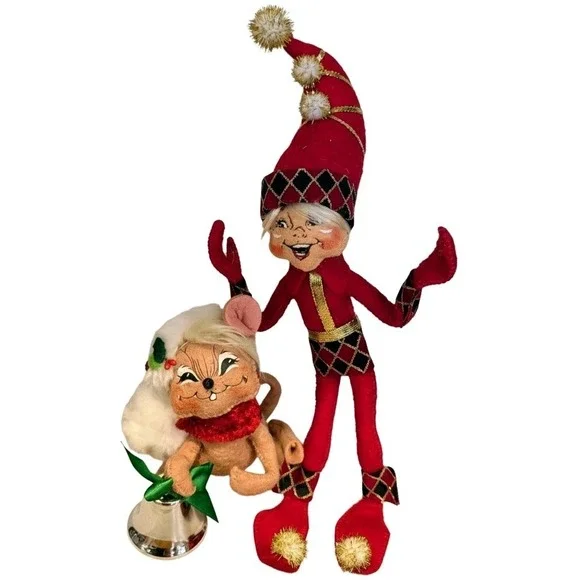 Annalee Red Harlequin Elf 2007 & Jingle Bell Girl Mouse Shelf Sitter Bendable