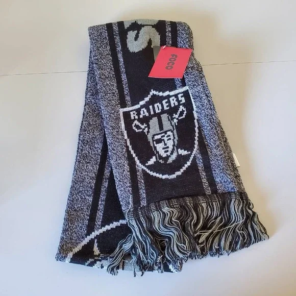 Oakland Raiders Foco Adult Scarf Black Gray Acrylic Fringe Logo NFL New