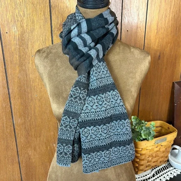 Mens Fair Isle‎ Knit Scarf Brown Gray Striped Geometric Winter Warm