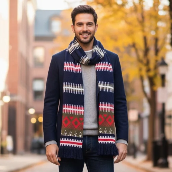 ​J. Crew Fair Isle Scarf Navy Blue Red Geometric Knit Winter Wool Blend Nordic