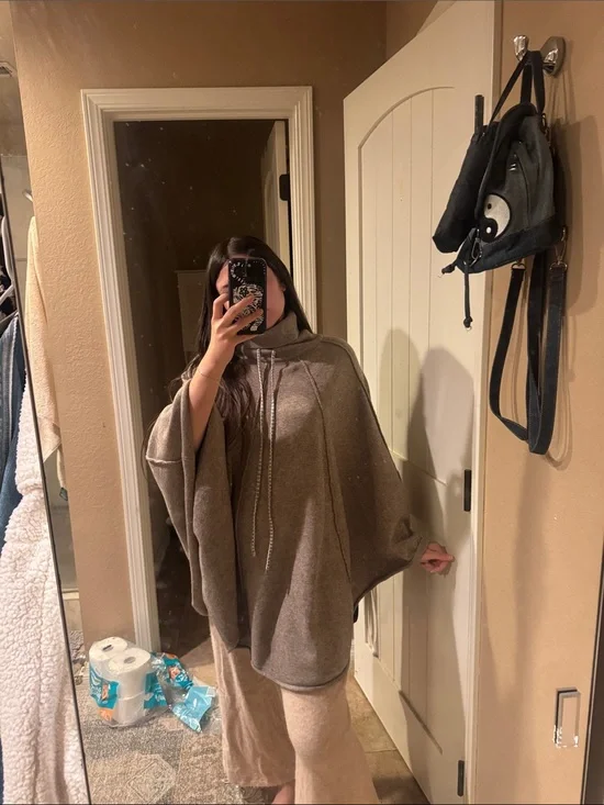 Free People Gray Cozy Funnel Neck Poncho