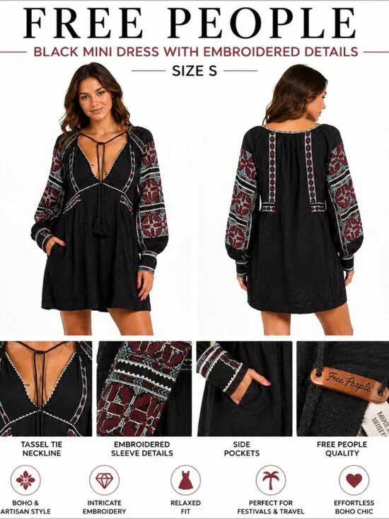 FREE PEOPLE EMBROIDERED BOHO MINI DRESS S