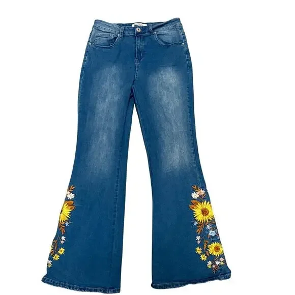 Telepatia Floral Embroidered Bell Flare Leg Jeans 6x31 Hippie 70s Boho Festival