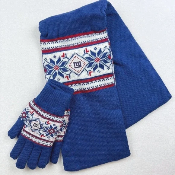 NY Giants Scarf & Gloves Set Adult Winter Knit‎ Football Fan Gift NWT