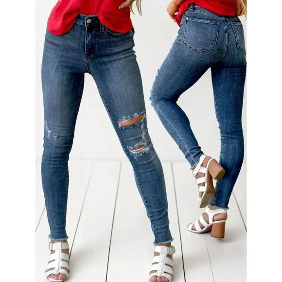Judy Blue High Rise Skinny Jeans Dark Wash Distressed Stretch Denim Raw Hem NEW