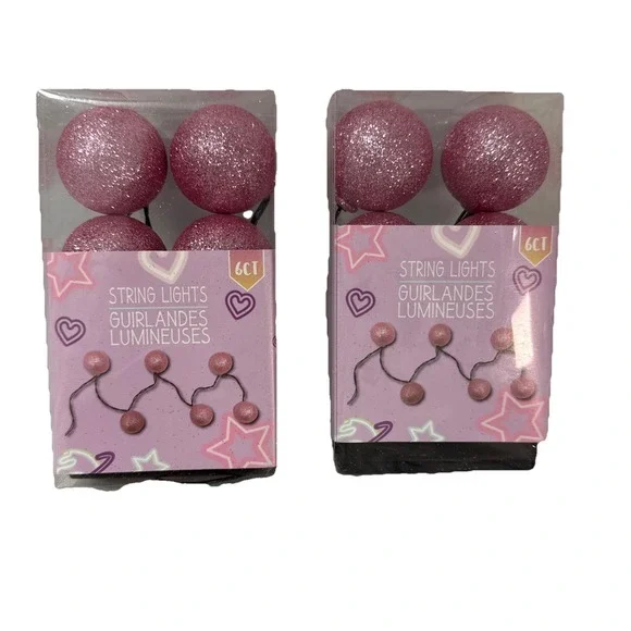 Pink Glitter Round LED‎ String Lights 6ct. Battery Operated New Set 2