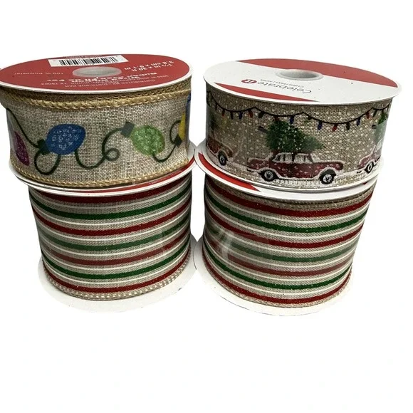 Celebrate It Christmas Wired Ribbon Lot 4 Spools Truck Lights Red Green Glitter