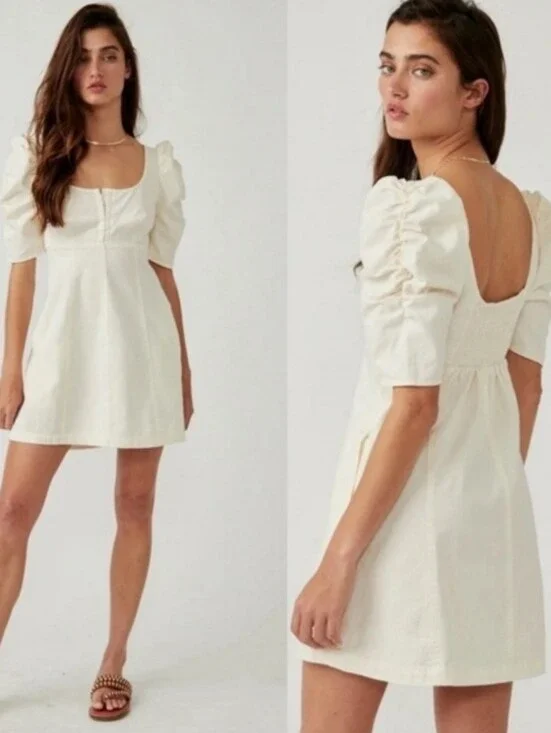 Free People Cheyenne Denim Mini Dress SzM Ivory