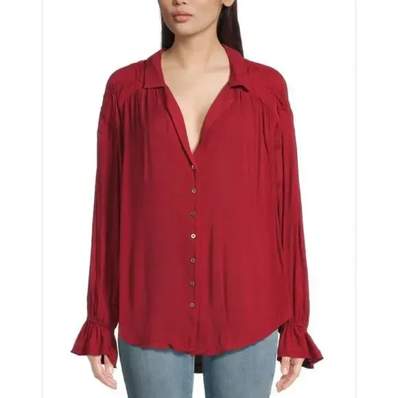 We the Free Free People Rust Orange Long Sleeve Boho Blouse Small