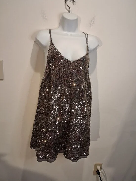 Free People Size Xs Silver Sequins Mini Slip Dress