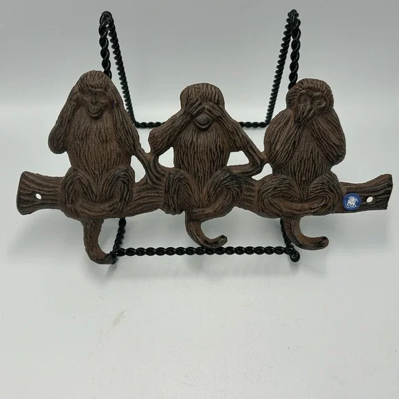Cast Iron Monkey Hooks Wise Hear See Speak No Evil Coat Hat Key Wall Hanger