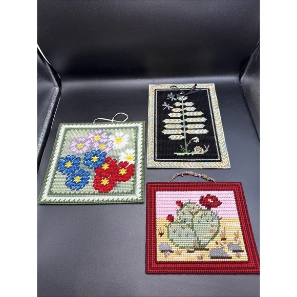 Plastic Canvas Completed Wall Decor Door Hanger Flowed Cactus Tree