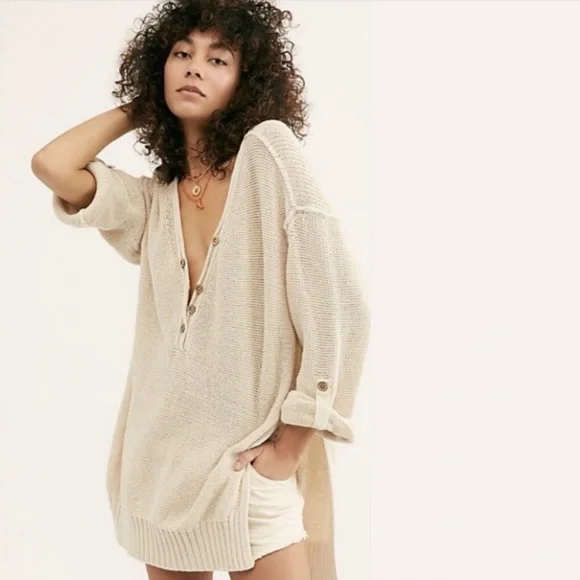 Free People We The Free Firefly Oversized Knit Tunic Sweater Ivory Size‎ XS