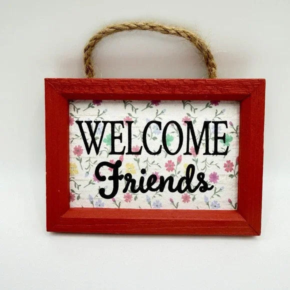 Rustic Welcome Friends Wooden Sign Floral Wall Decor Red Frame‎ Rope Hanging