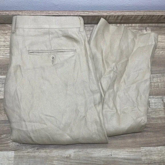 J.Crew Mens 100% Irish Linen Dress Pants Tan Khaki Flat Front 36x32 Summer READ