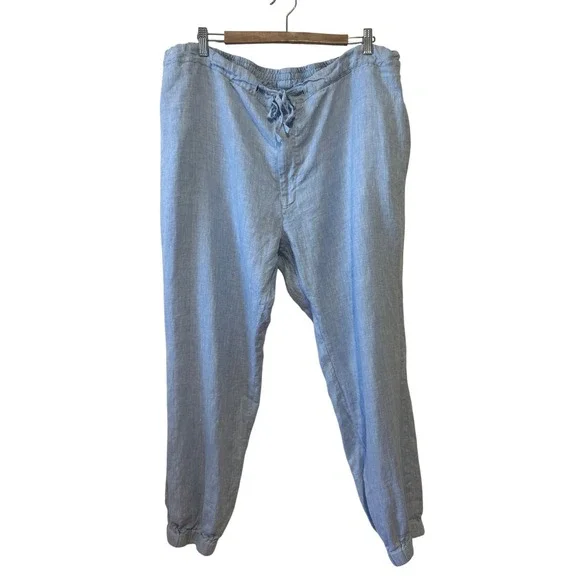 Mens Organic Linen Jogger Pants Size XL Light Blue Herringbone Drawstring Beach