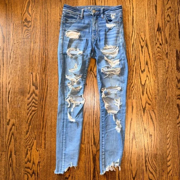 American Eagle Hi-Rise Jegging Distressed‎ Skinny Jeans 4 Medium Wash Blue