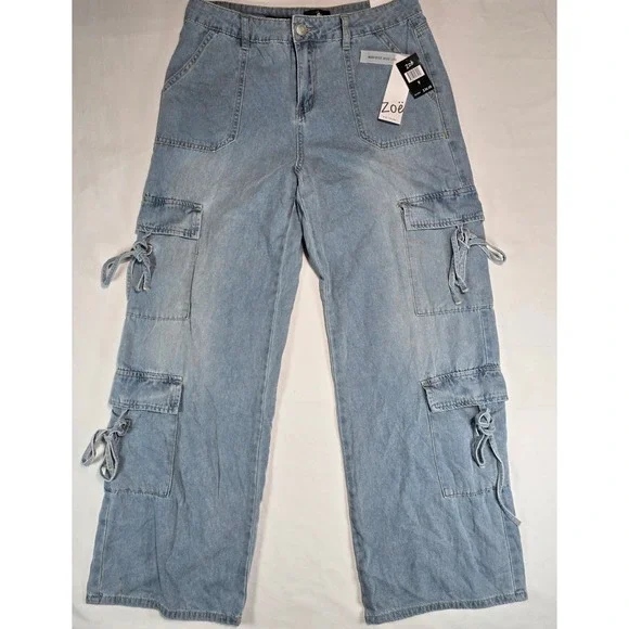 Zoe by Zoe + Phoebe High Rise Wide Leg Cargo Jeans Light Wash Blue Size 9 NWT