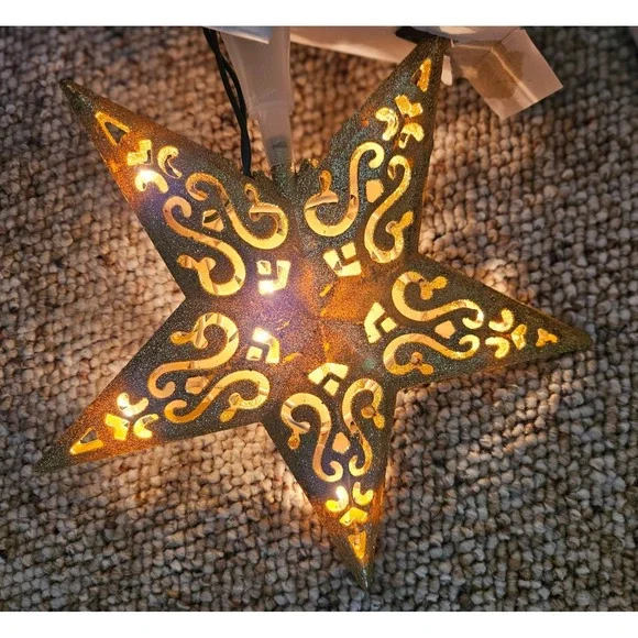 Sylvania Gold Glitter Star Tree Topper 10 Mini Lights Scrollwork Filigree 2.5ft