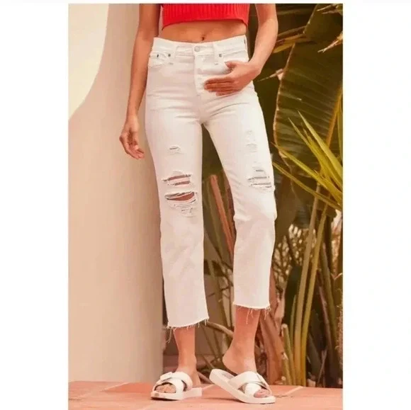 Levi's Premium Wedgie Distressed High-Rise Frayed Hem Tapered Ankle Jeans(33)NWT
