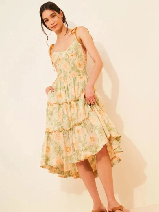 Free People Adriel Midi Dress Sweetheart Neck Sleeveless Smocked Floral