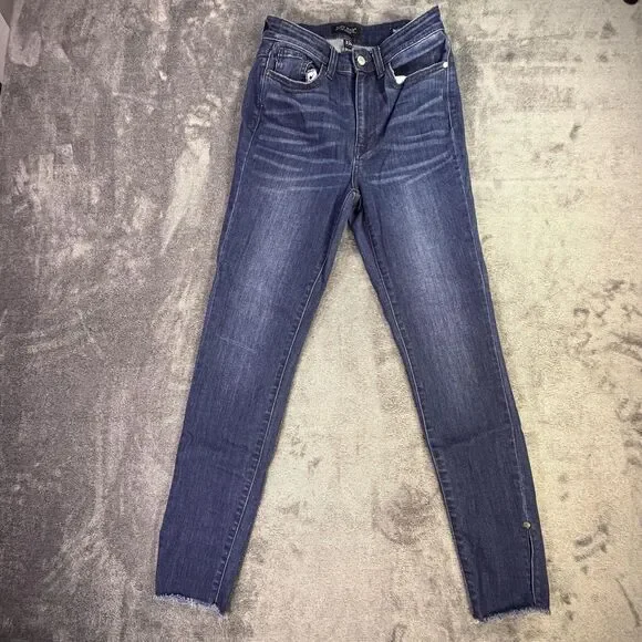 Judy Blue Skinny Fit Jeans Womens Size 3/26 Dark Wash High Rise Fringe Hem