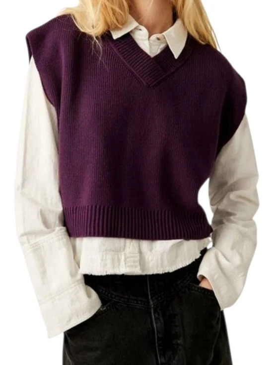 Free People Easy Street Sweater Vest Cropped Ribbed Purple Slouchy XS NWT