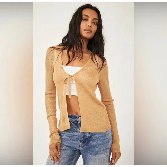 Free People Ribbed Tie Front Cardigan Tan Gold Metallic Knit Top XS